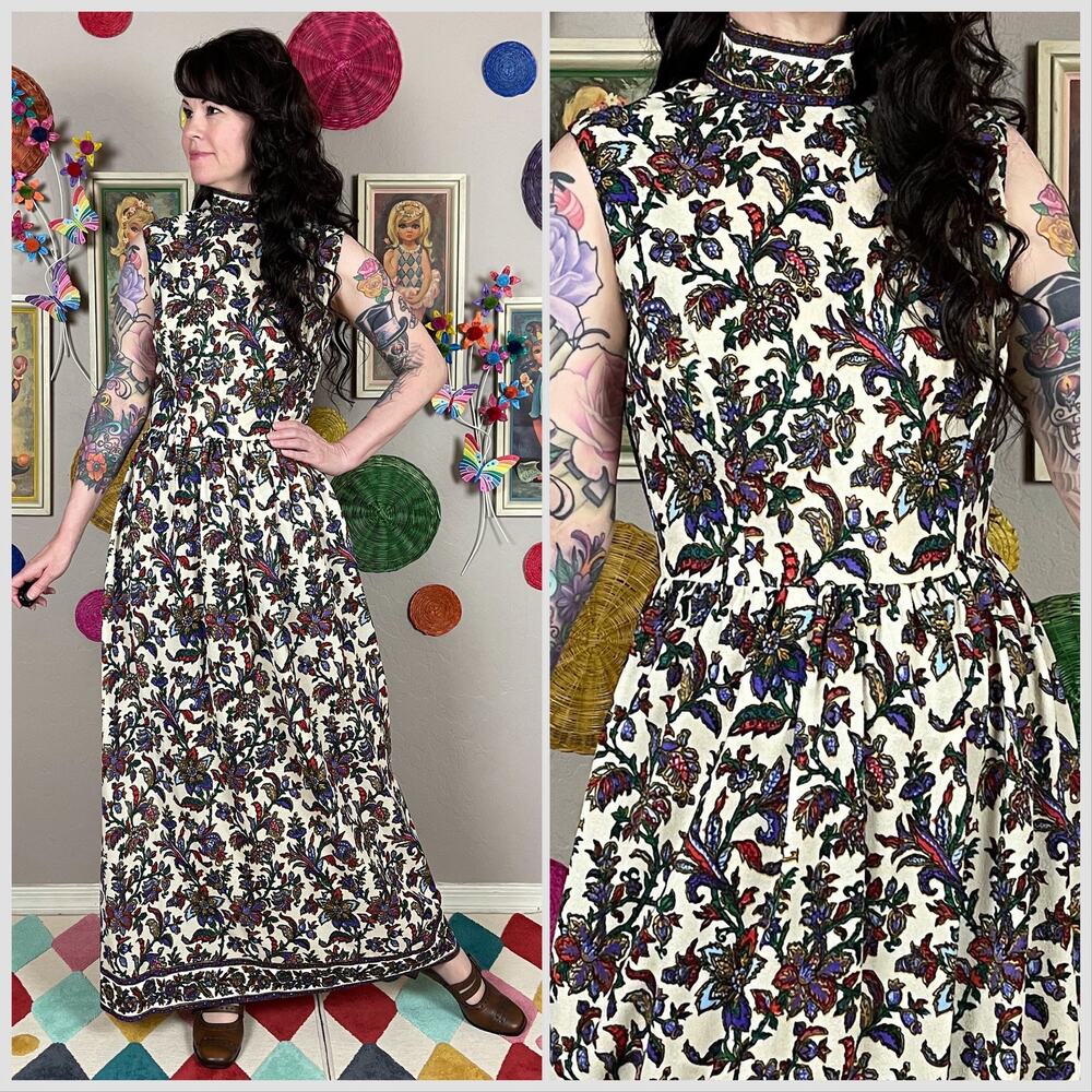 Vintage 1970s Floral Mock Neck Sleeveless A-Line Maxi Dress